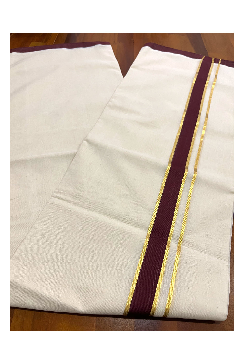 Premium Balaramapuram Unakkupaavu Handloom 10 Muzham Mundu with Kasavu and Brown Border (South Indian Kerala Dhoti)