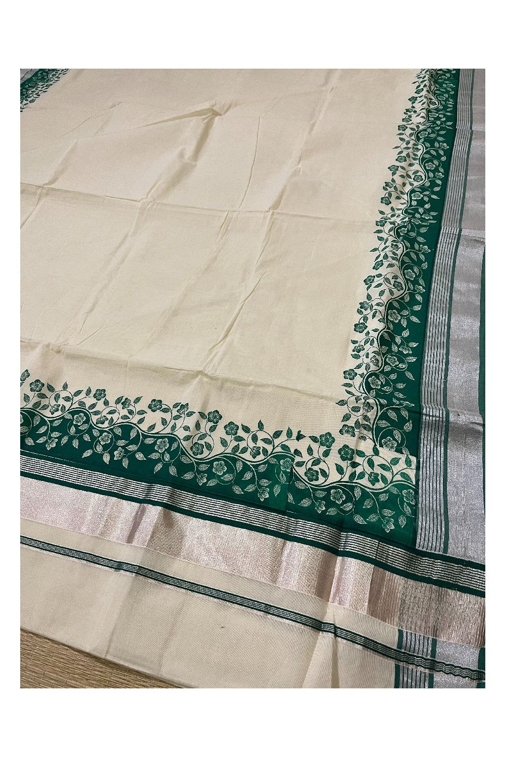 Kerala Cotton Saree with Green Floral Block Prints and Silver Kasavu Border (Onam Saree 2023)