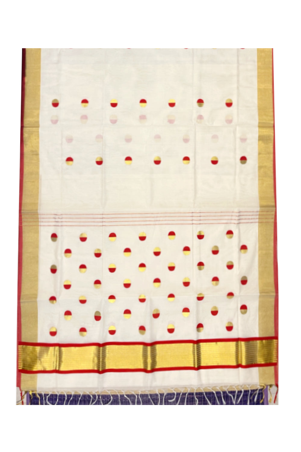 Southloom™ Premium Handloom Cotton Kerala Saree with Red Golden Polka works on Body