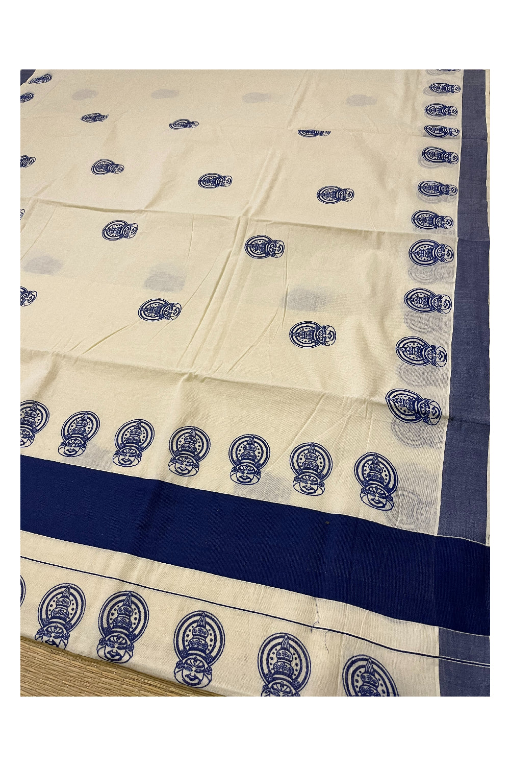 Pure Cotton Kerala Saree with Blue Kathakali Block Printed Border (Onam Saree 2023)