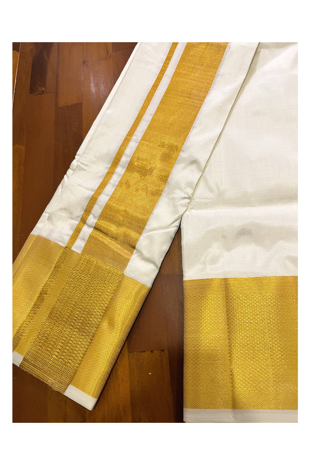 Southloom Handloom Pure Silk Off White Wedding 2.5 inch Kasavu Dhoti with Shawl / Vesthi with Thundu / Mundu with Melmundu for Groom (8+4)