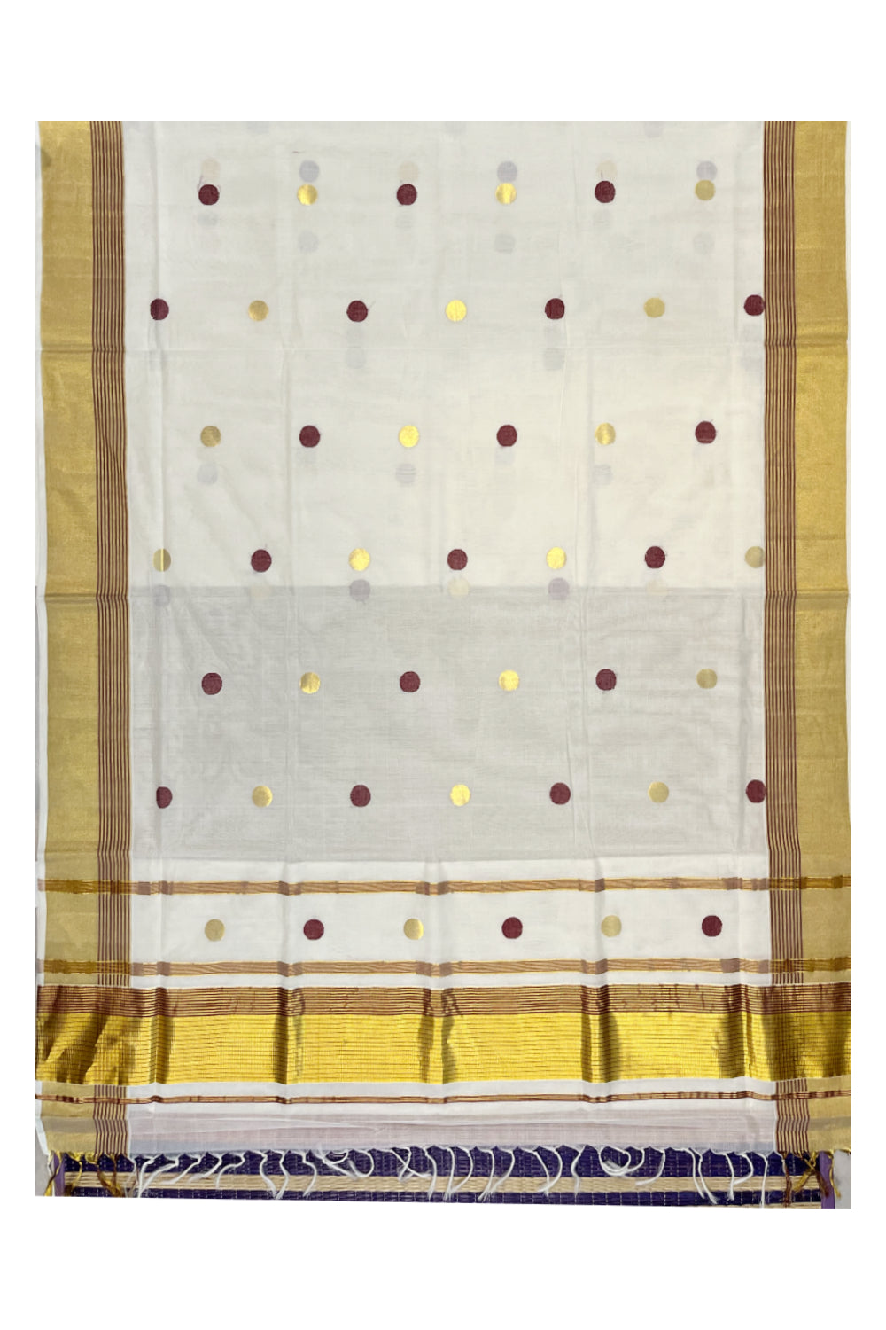 Southloom Premium Handloom Kasavu Saree with Maroon and Golden Polka Woven Designs Across Body