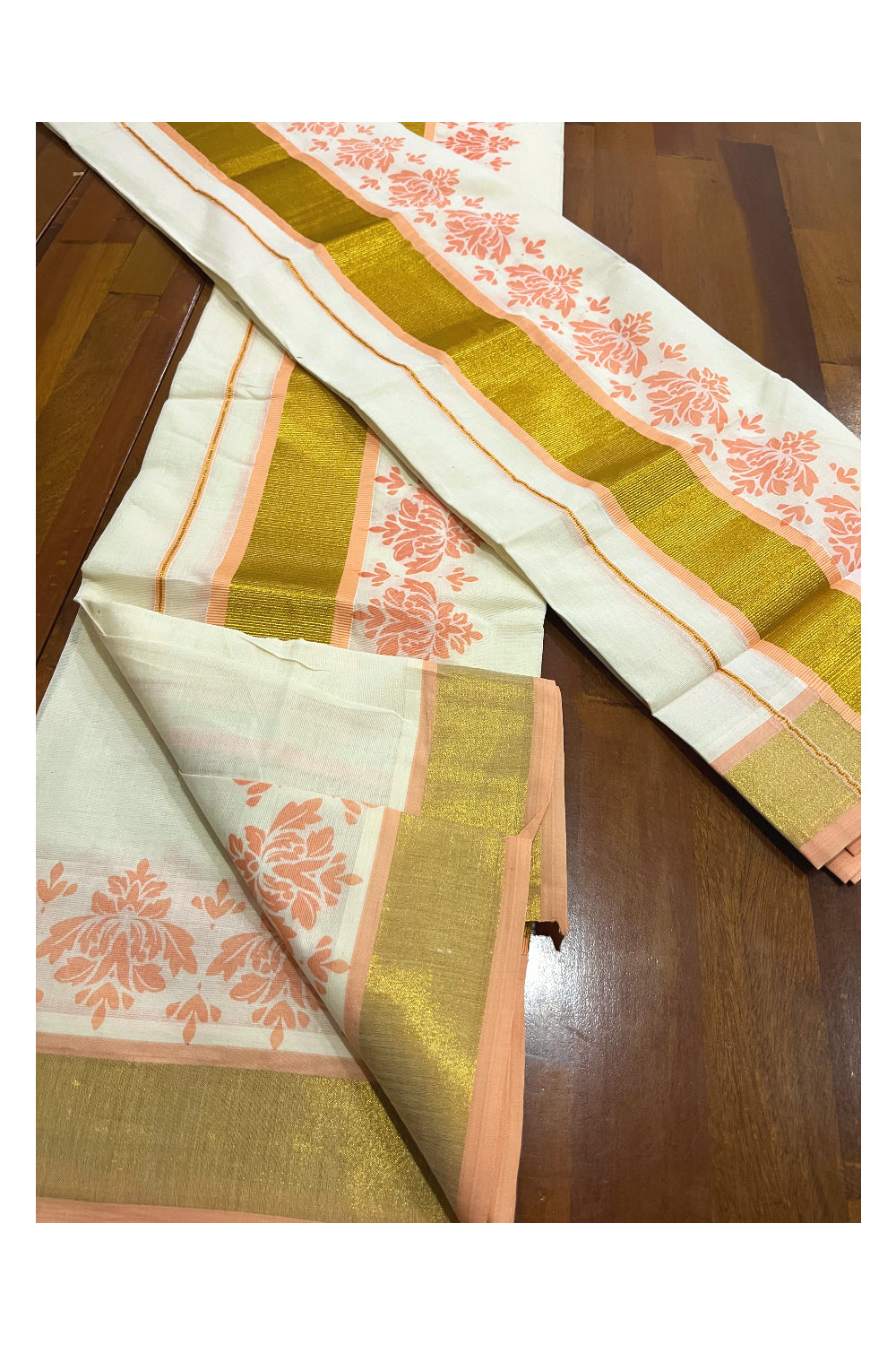 Pure Cotton Kerala Single Set Mundu (Mundum Neriyathum) with Peach Block Printed Kasavu Border