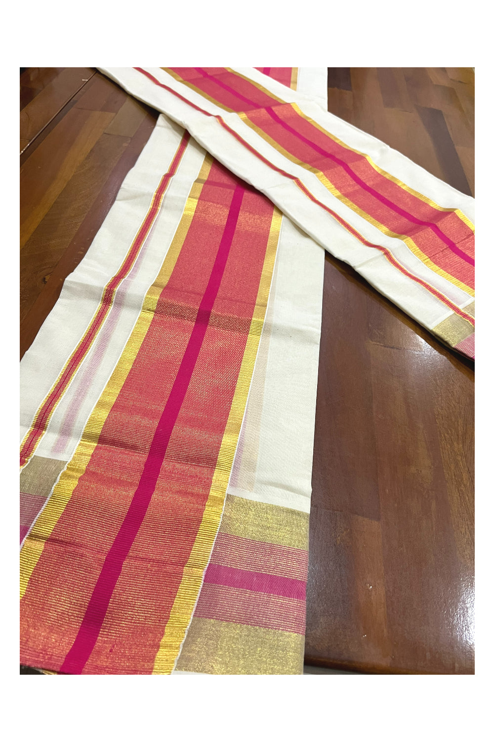 Pure Cotton Kerala Onam 2023 Set Mundu (Mundum Neriyathum) Single with Bright Magenta and Kasavu Border 2.80 Mtrs