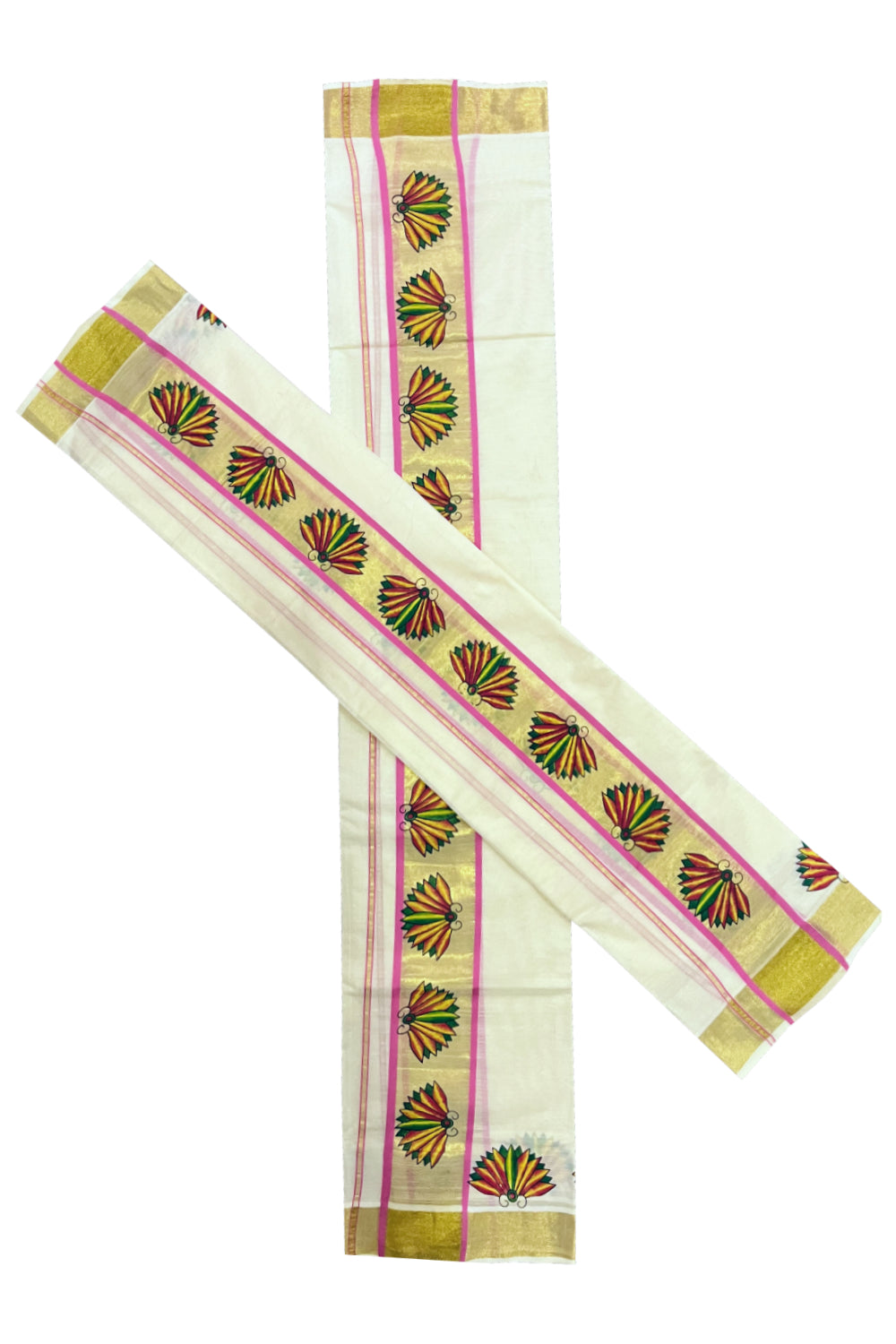 Kerala Cotton Single Set Mundu (Mundum Neriyathum) with Block Prints on Kasavu Pink Border