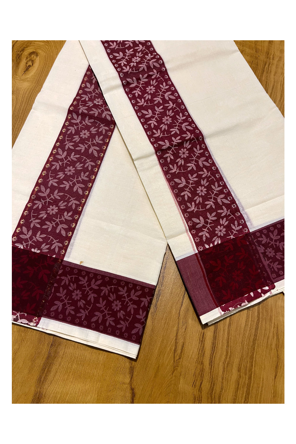 Kerala Cotton Single Set Mundu (Mundum Neriyathum) with Brown Block print Border 2.80Mtrs