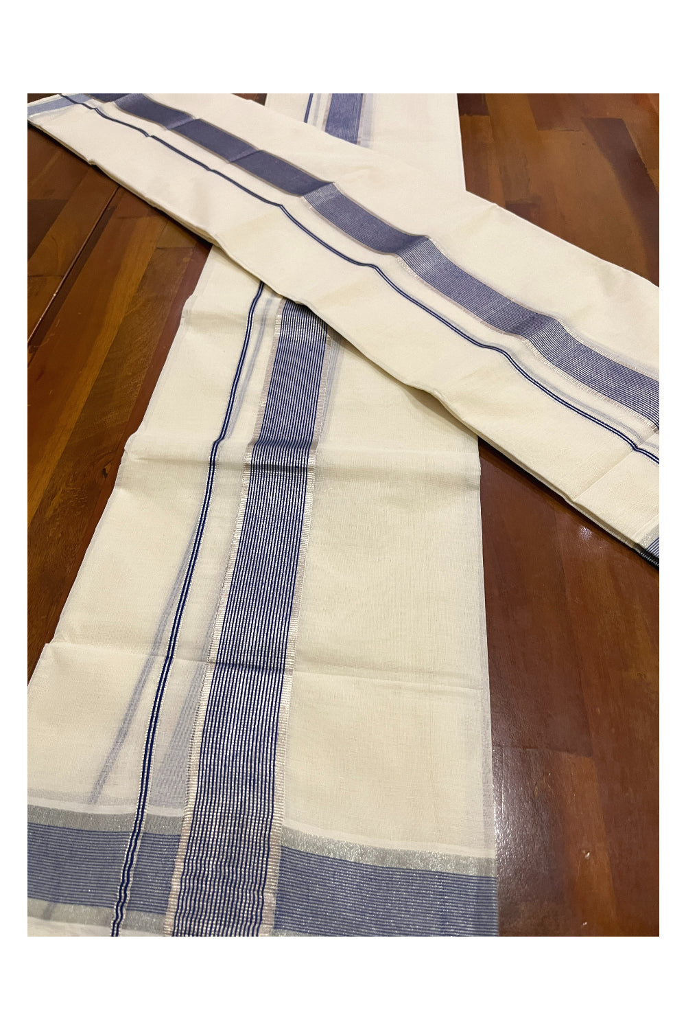 Kerala Cotton Single Set Mundu (Mundum Neriyathum) with Silver Kasavu and Blue Border 2.80 Mtrs