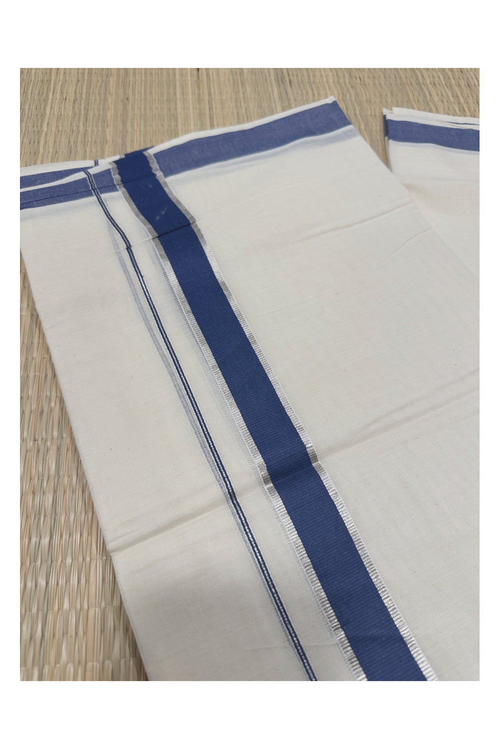 Off White Kerala Double Mundu with Silver Kasavu and Blue Kara (South Indian Kerala Dhoti)