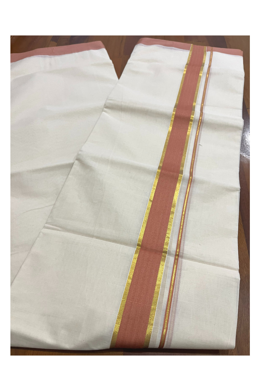 Pure Cotton 100x100 Double Mundu with Kasavu and Orange Kara (Onam Mundu 2023)