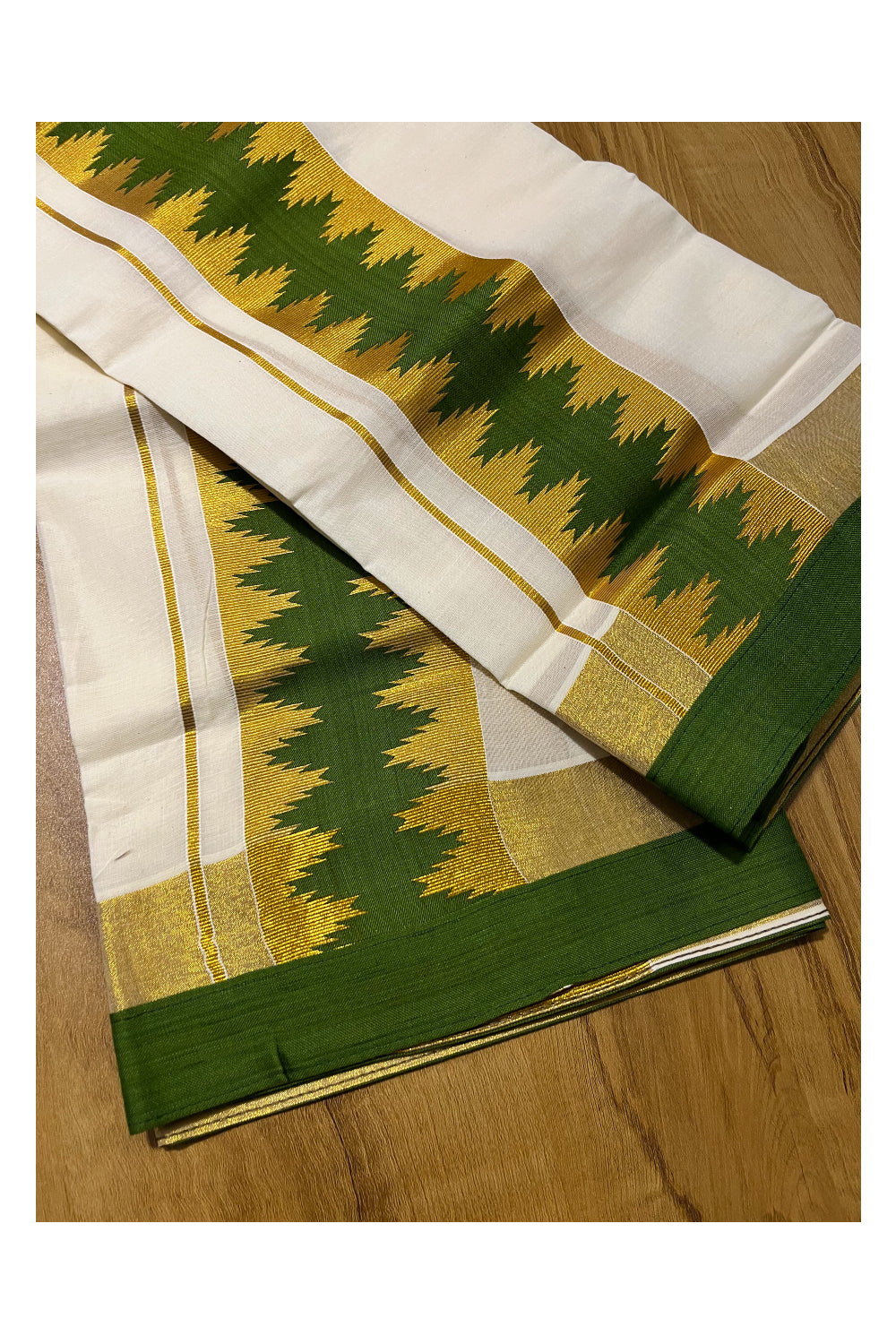 Kerala Cotton Single Set Mundu (Mundum Neriyathum) with Kasav Green Temple Applique Work Border 2.80Mtrs