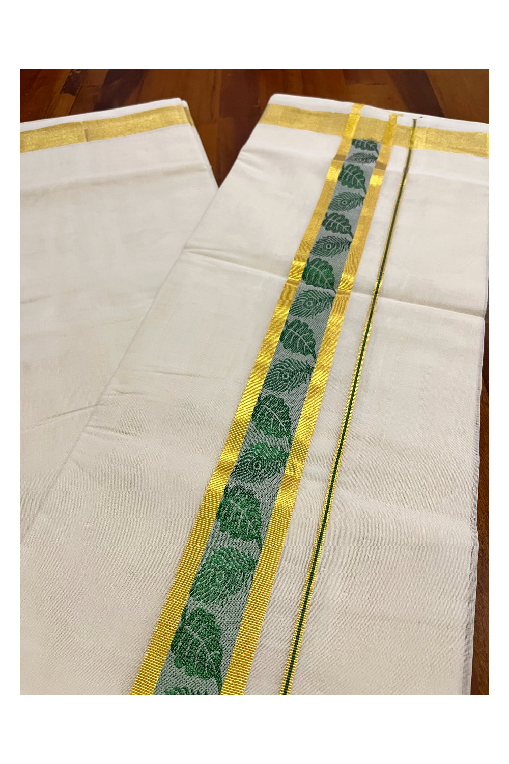 Southloom Premium Wedding Handloom Cotton Mundu with Green and Golden Kasavu Woven Border (South Indian Kerala Dhoti)