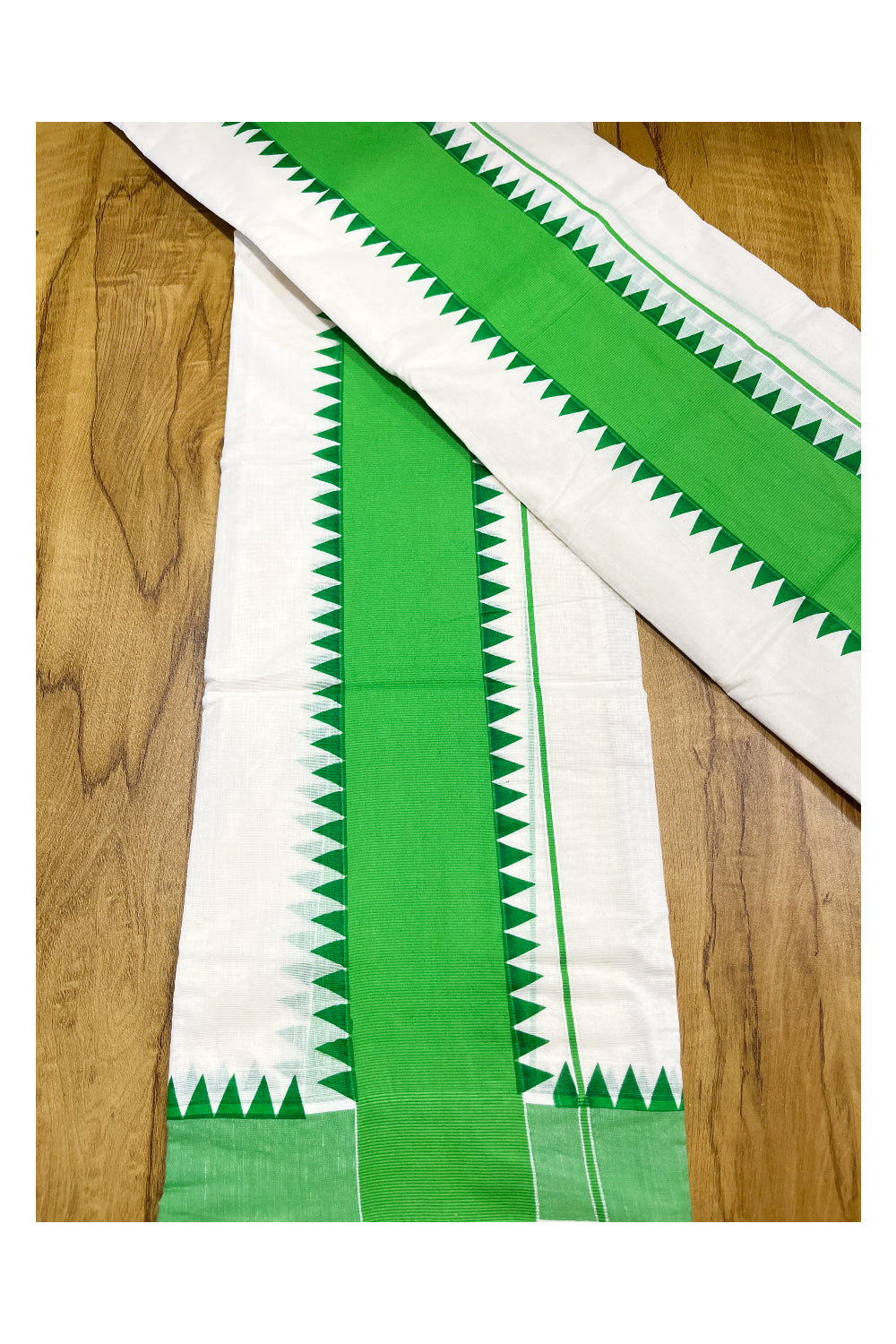 Kerala Pure Cotton Set Mundu Single (Mundum Neriyathum) with Bright Green Temple Border 2.80 Mtrs