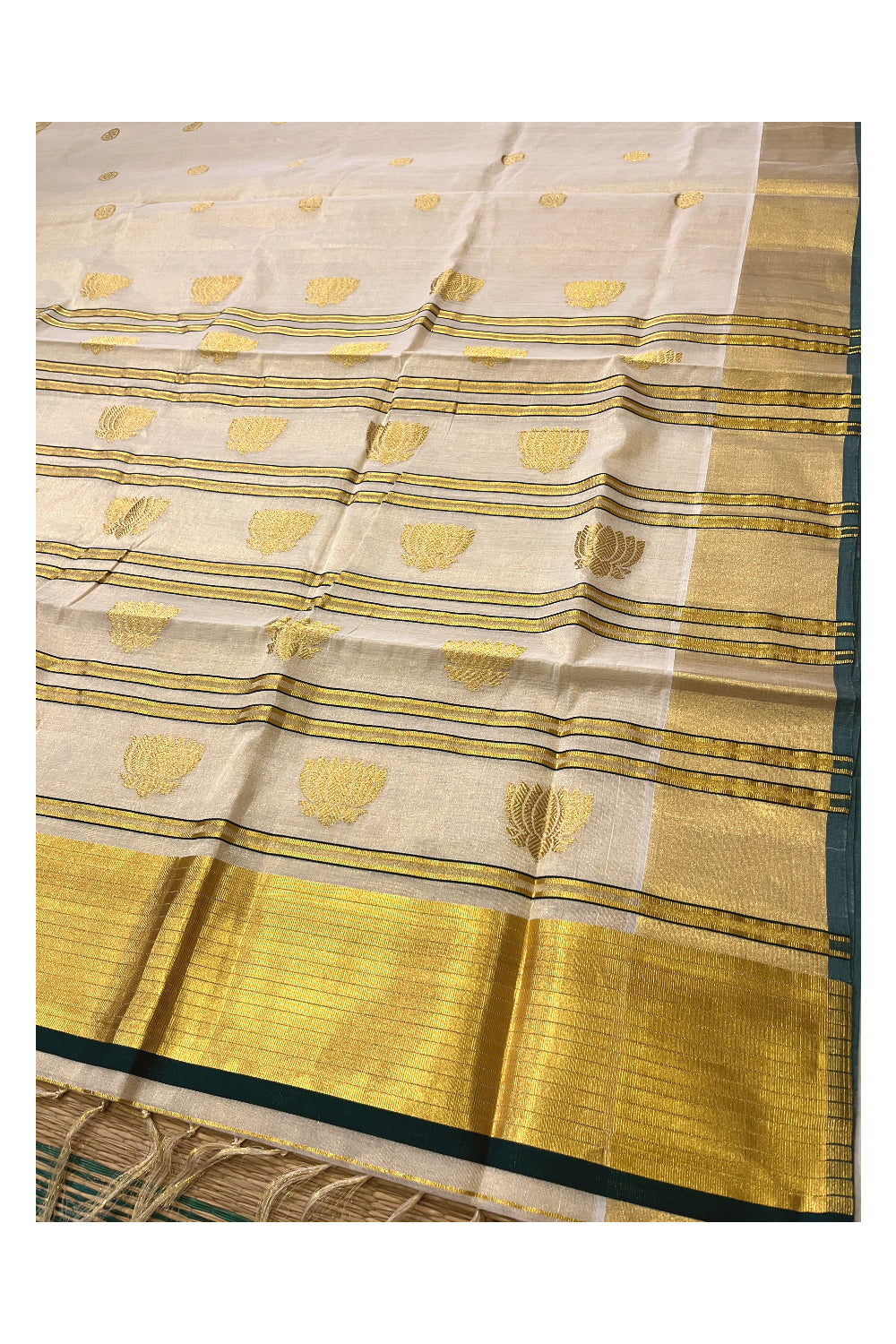 Southloom Premium Handloom Tissue Saree with Golden Lotus Woven Works on Body