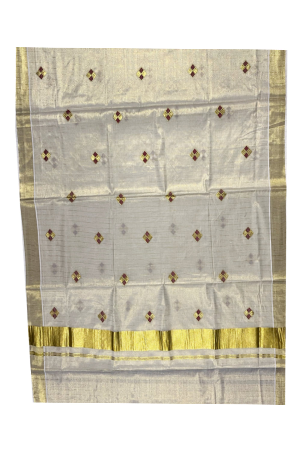 Kerala Tissue Kasavu Stripes Saree with Maroon Diagonal Floral Embroidery Design on Body