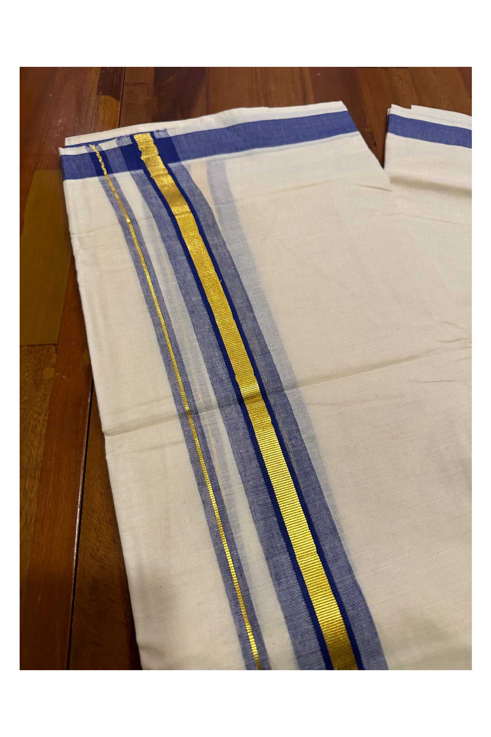 Kerala Cotton Double Mundu with Blue and Kasavu Border (Onam Mundu 2023)