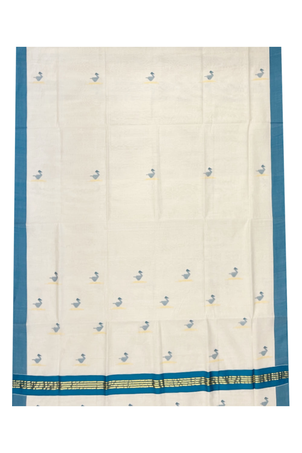 Southloom Premium Balaramapuram Unakkupaavu Handloom Cotton Butta Saree with Kasavu and Peacock Blue Border