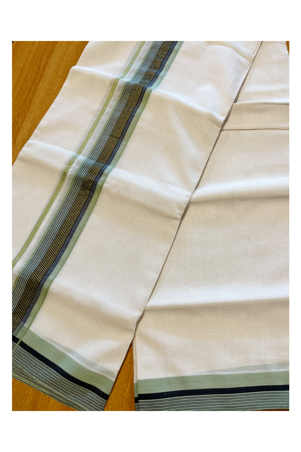 Southloom Premium Handloom Cotton Double Mundu with Green Black and Kasavu Lines Border