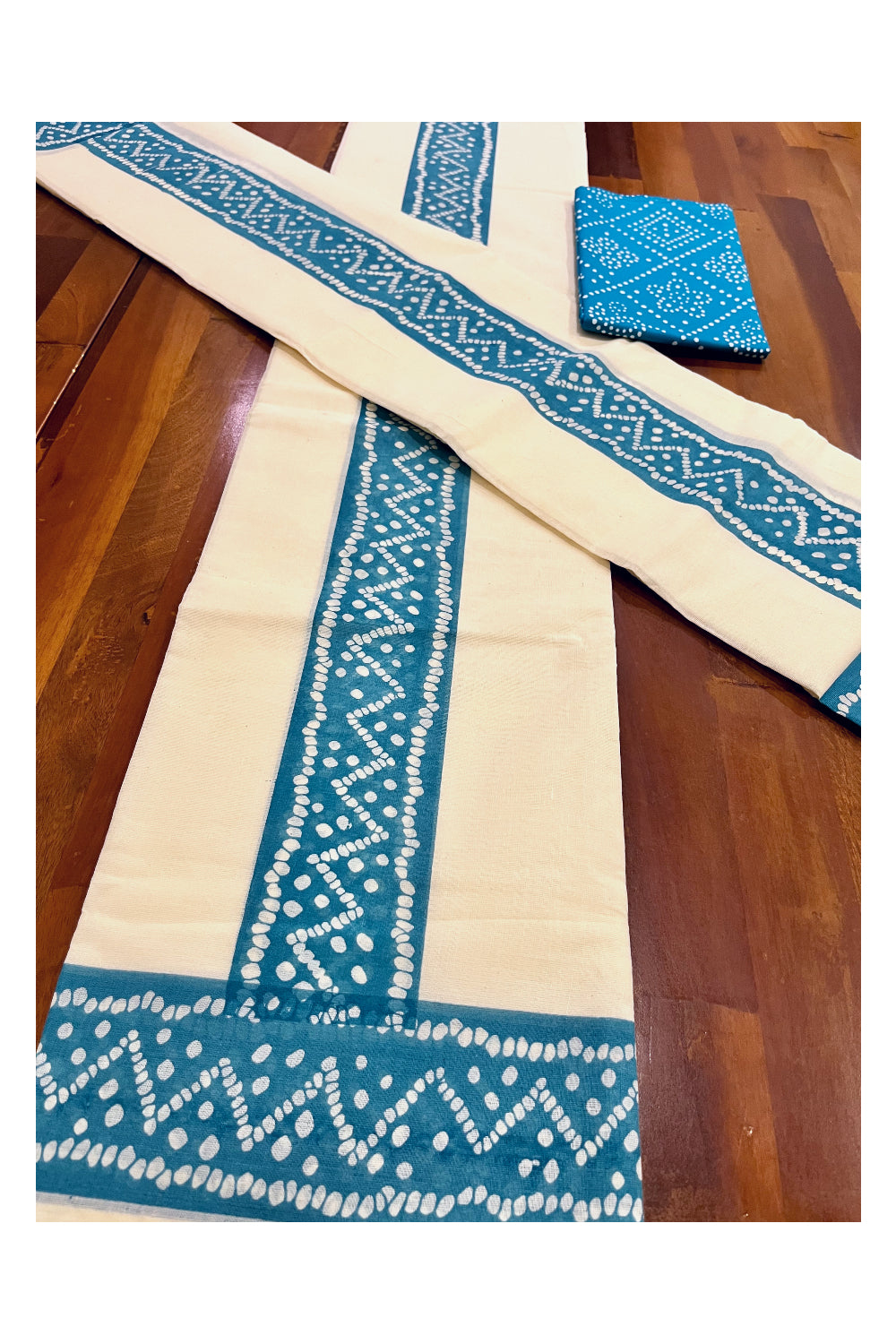 Kerala Cotton Set Mundu (Mundum Neriyathum) with Light Blue Block Prints and Seperate Blouse Piece