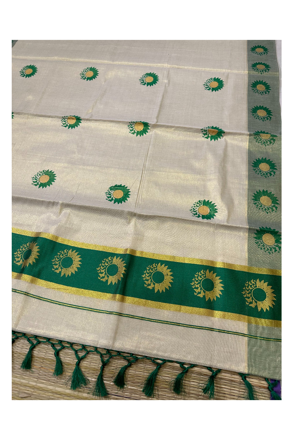 Kerala Tissue Kasavu Saree with Green and Golden Block Prints on Border (Onam Saree 2023)