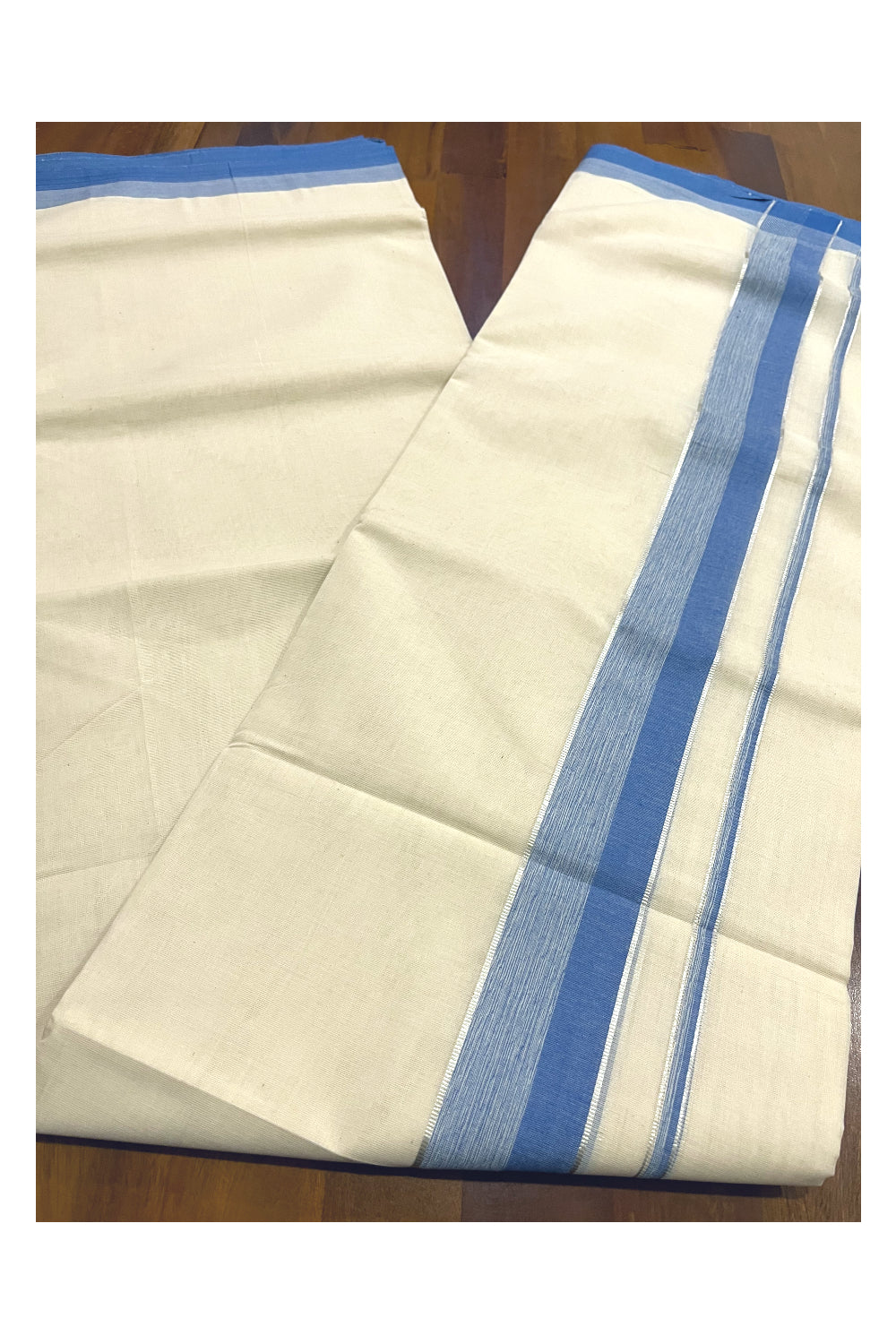 Pure Cotton Off White 100x100 Double Mundu with Silver Kasavu and Blue Border (South Indian Kerala Dhoti)