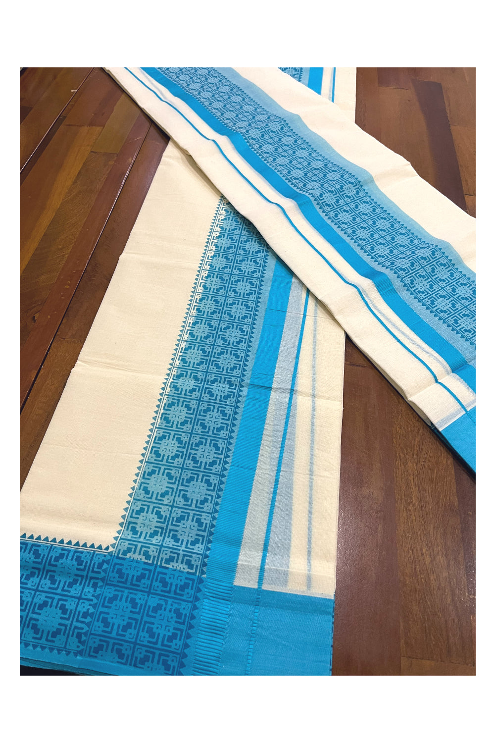 Southloom Pure Cotton Kerala Single Set Mundu with Blue Block Prints (Onam Set Mundu 2023)