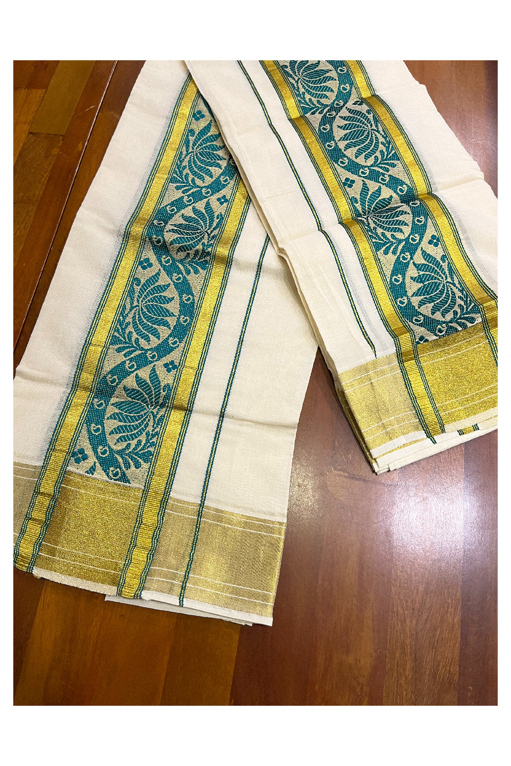 Kerala Cotton Kasavu Set Mundu (Mundum Neriyathum) with Green Floral Woven Border 2.80 Mtrs