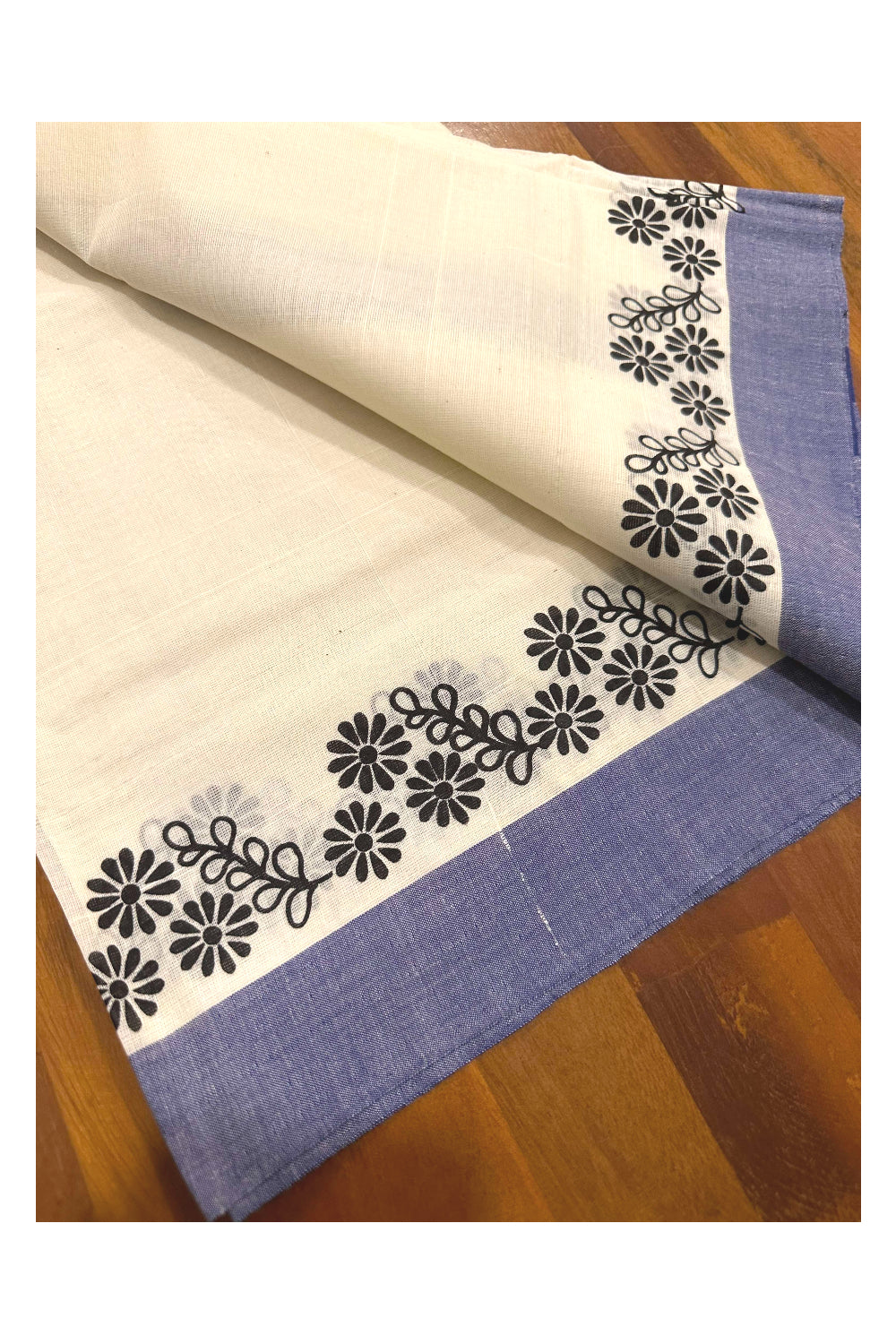 Kerala Cotton Single Set Mundu (Mundum Neriyathum) with Block Prints on Blue Border (Onam set Mundu 2023)