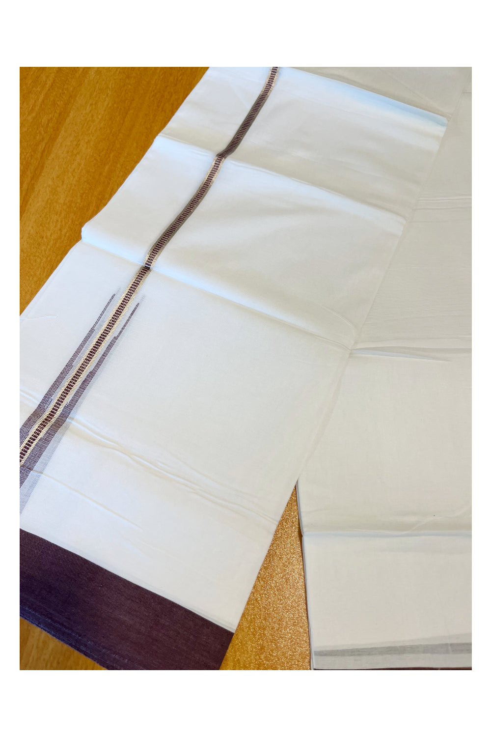 Pure White Cotton Double Mundu with Silver Brown Chutti Border (South Indian Kerala Dhoti)