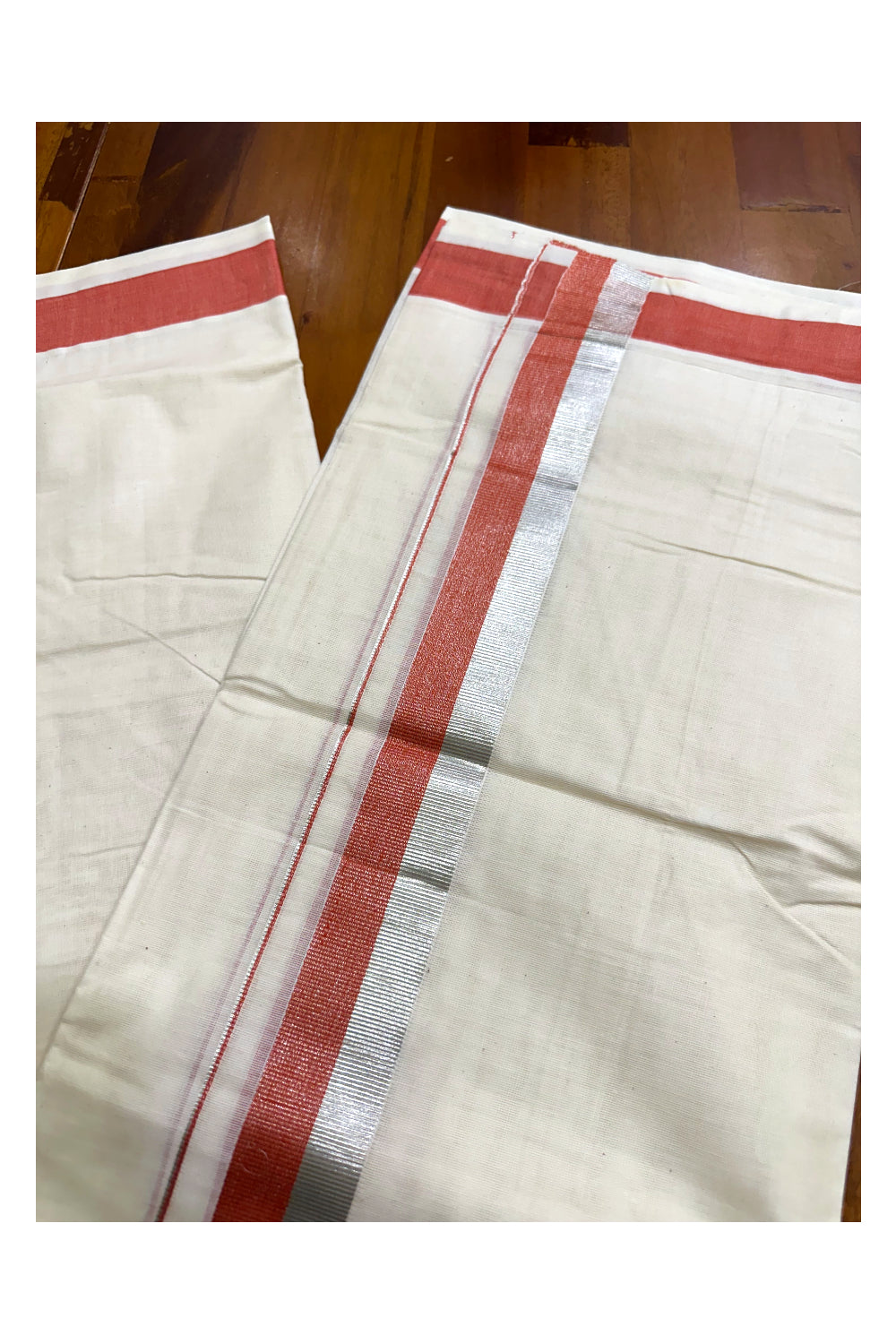 Kerala Pure Cotton Off White Double Mundu with Silver Kasavu And Orange Kara (South Indian Kerala Dhoti)