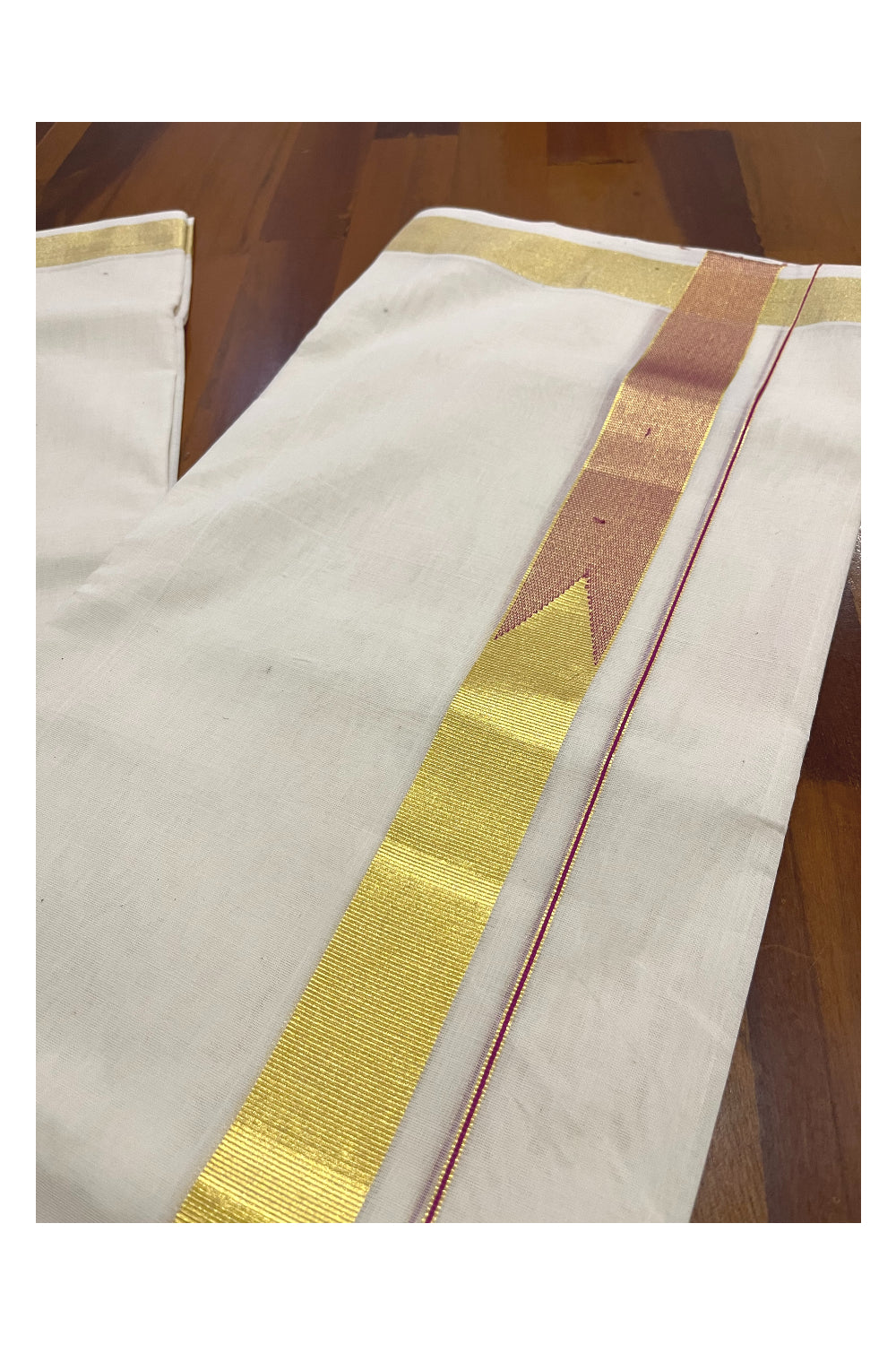 Southloom Super Premium Balaramapuram Unakkupaavu Handloom Mundu with Kasavu and Maroon Woven Border (South Indian Kerala Dhoti)