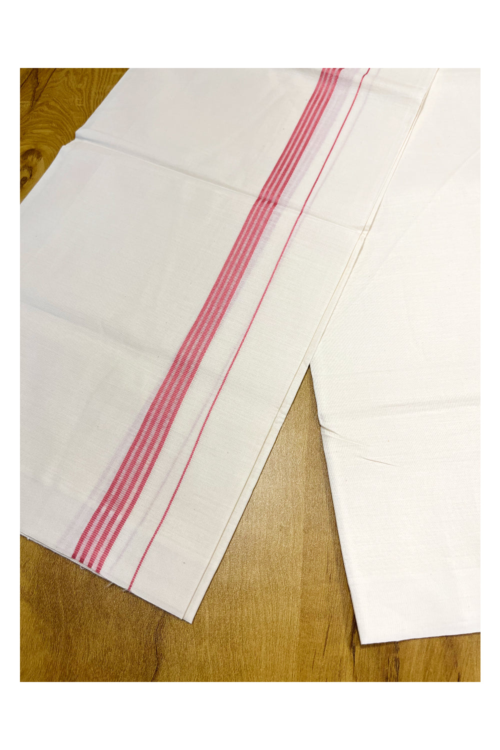 Southloom Off White Single Mundu / Lungi with Pink Lines On Kara (South Indian Kerala Dhoti)