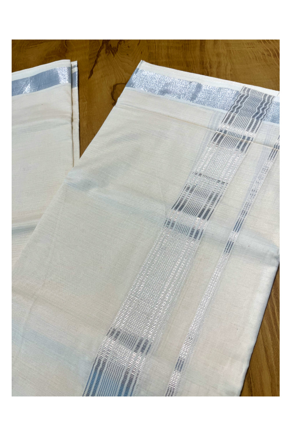 Pure Cotton Off White Kerala Double Mundu with Silver Kasavu Border (South Indian Dhoti)