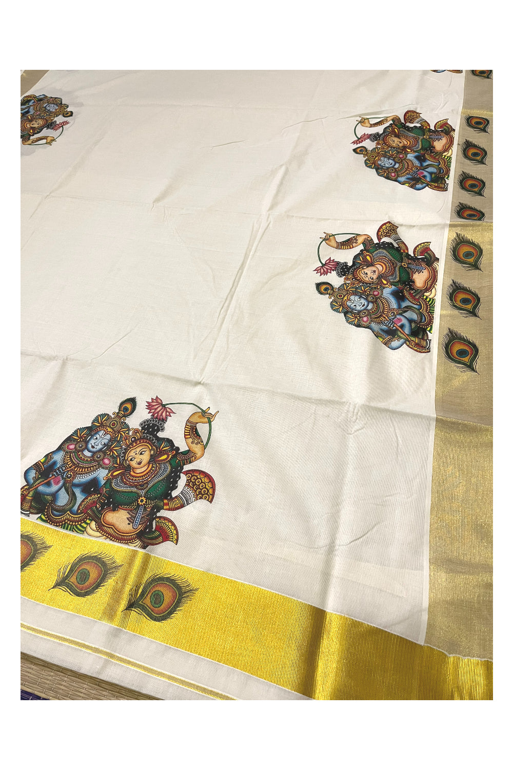 Pure Cotton Kerala Kasavu Saree with Krishna Radha Mural Printed Design