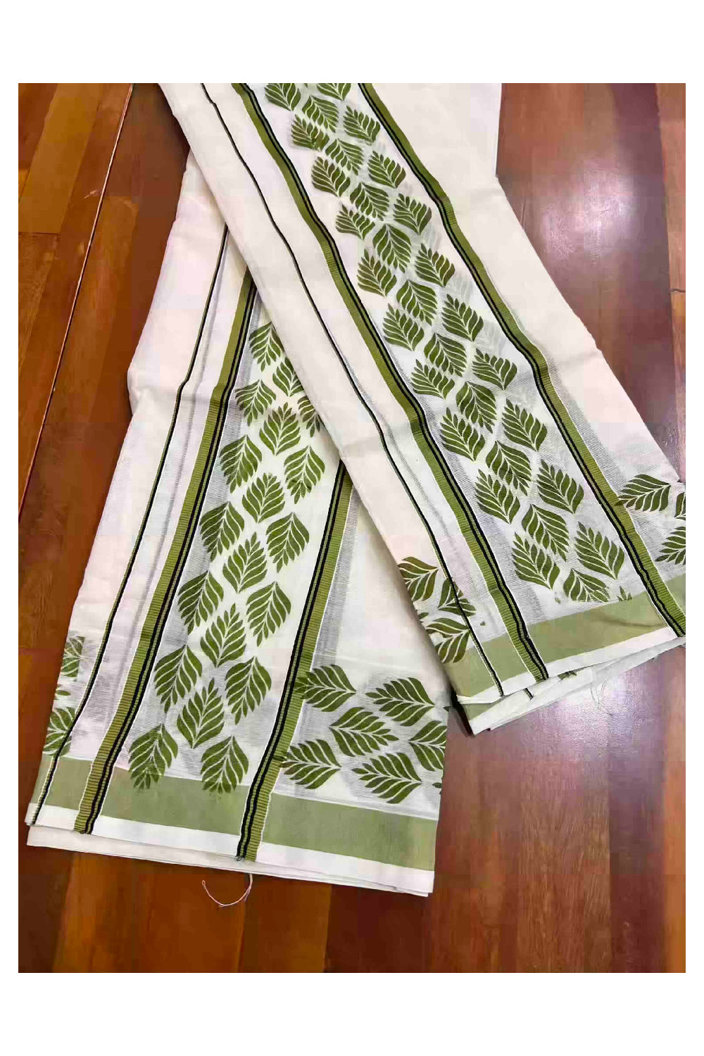 Kerala Cotton Single Set Mundu (Mundum Neriyathum) with Leaf Block Prints on Light Green and Black Border