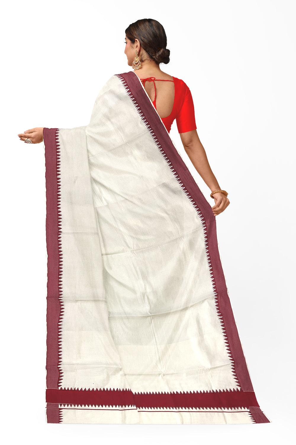 Kerala Pure Cotton Saree with Maroon Temple Block Prints on Border