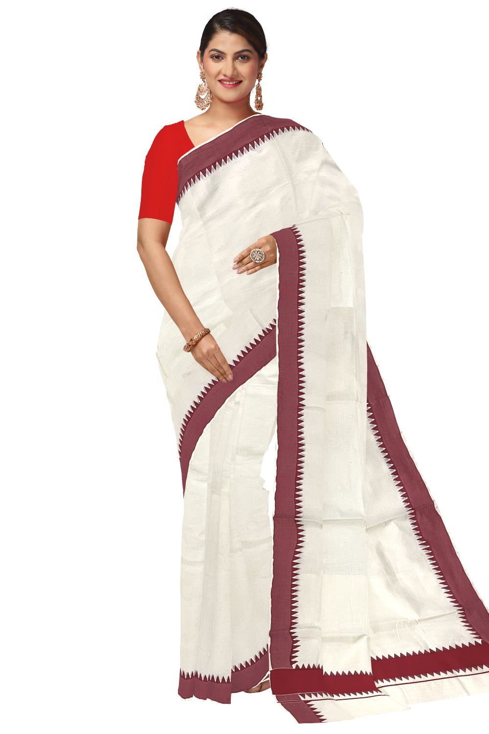 Kerala Pure Cotton Saree with Maroon Temple Block Prints on Border