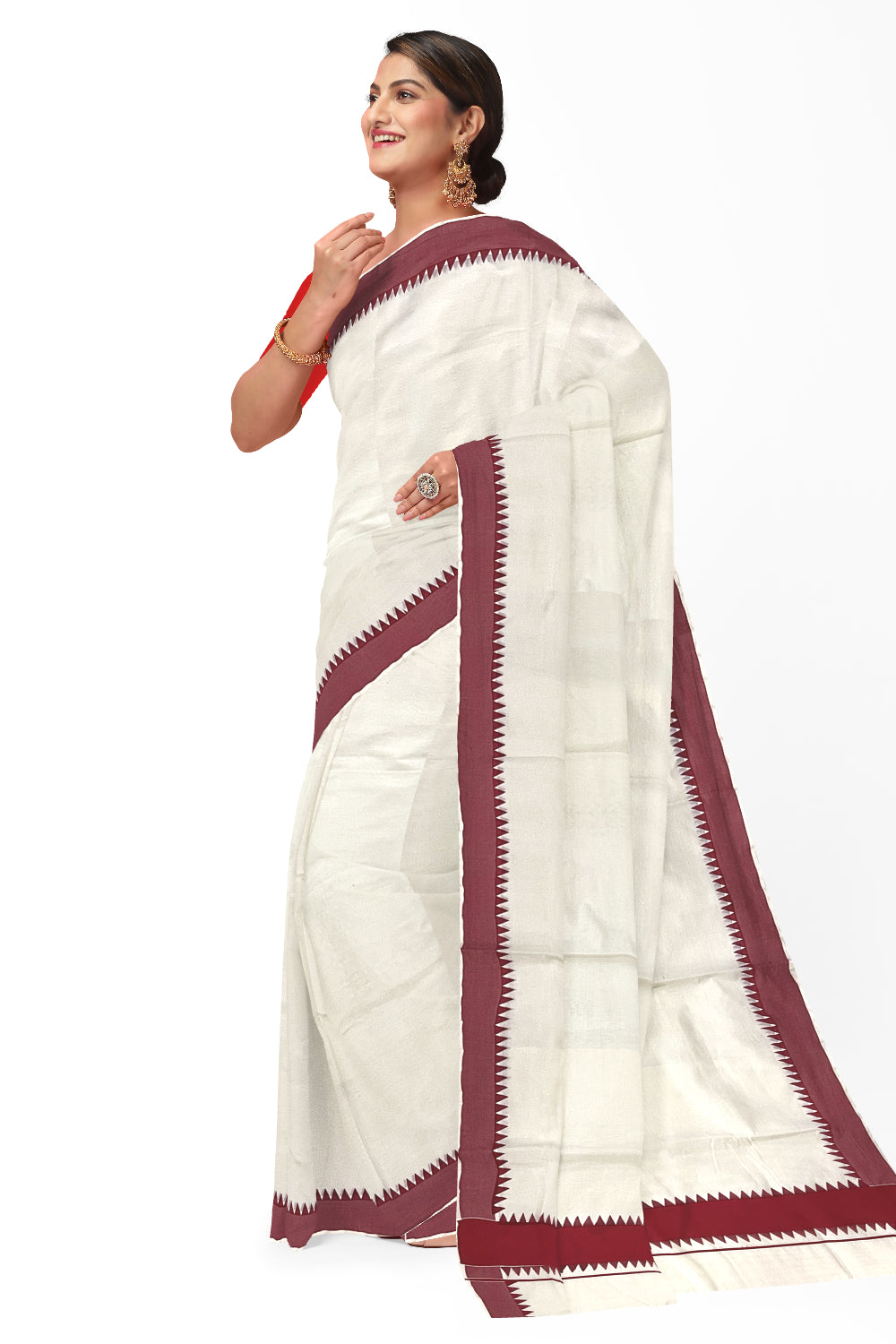 Kerala Pure Cotton Saree with Maroon Temple Block Prints on Border