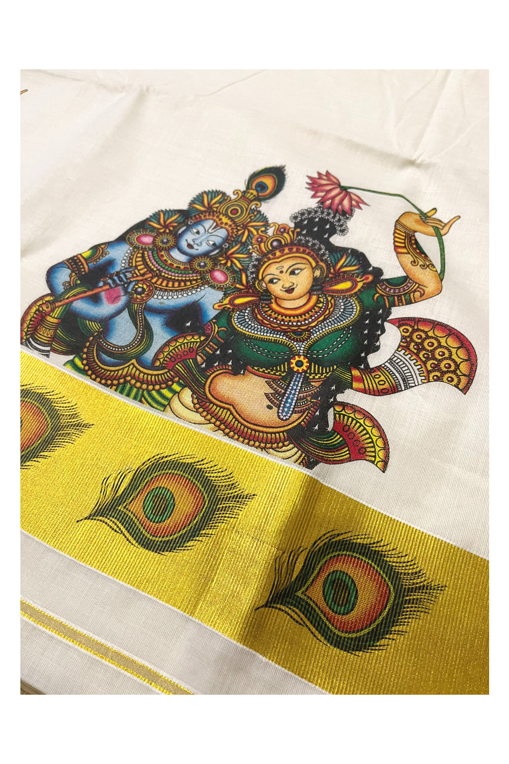 Pure Cotton Kerala Kasavu Saree with Krishna Radha Mural Printed Design