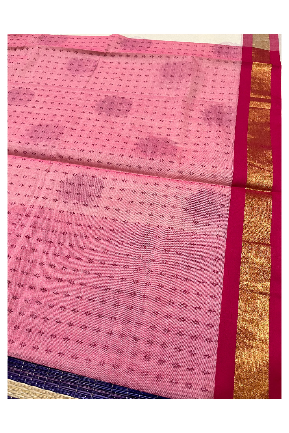 Pure Cotton Kerala Saree with Magenta Block Print Designs and Kasavu Border (Vishu 2024 Collection)