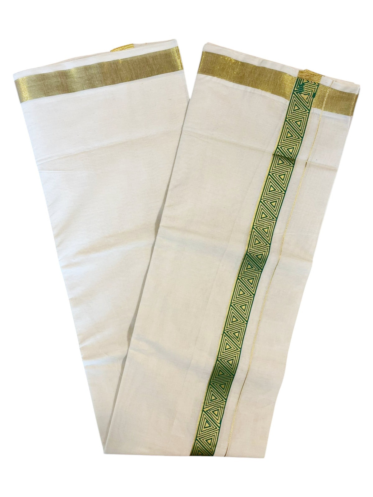 Southloom Kasavu Double Mundu with Green Prints Along Kasavu Kara