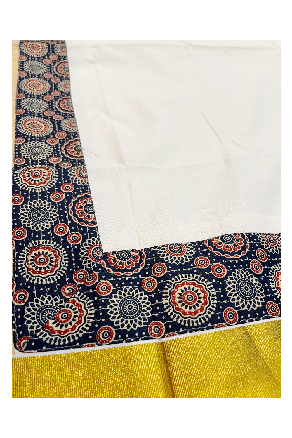 Kerala Pure Cotton Kasavu Saree with Ajrakh Stitched Borders and Matching Blouse Piece