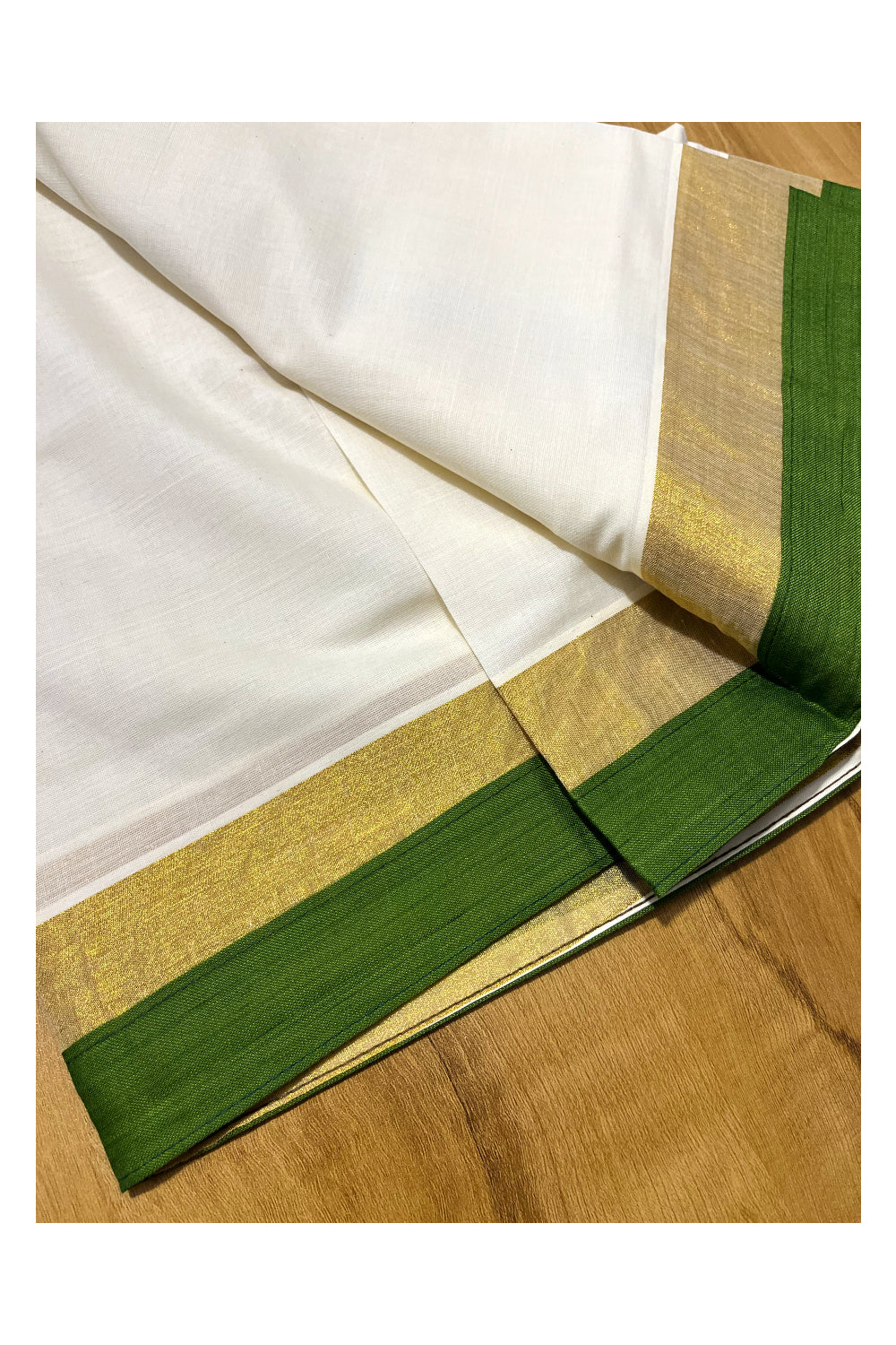 Kerala Cotton Single Set Mundu (Mundum Neriyathum) with Kasav Green Temple Applique Work Border 2.80Mtrs