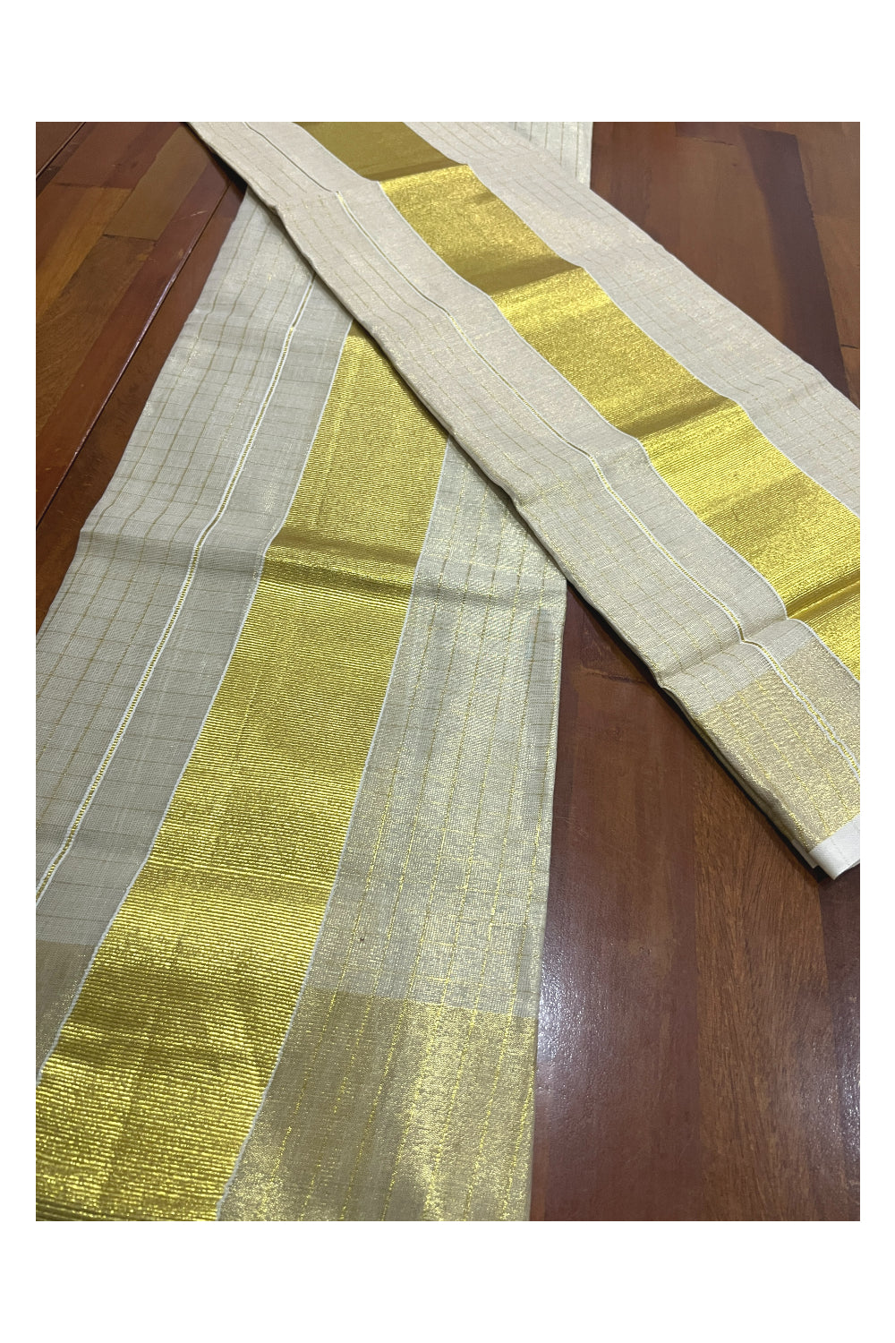 Kerala Tissue Kasavu Single Check Design Set Mundu (Mundum Neriyathum) with 3 inch Kasavu Border 2.80 Mtrs