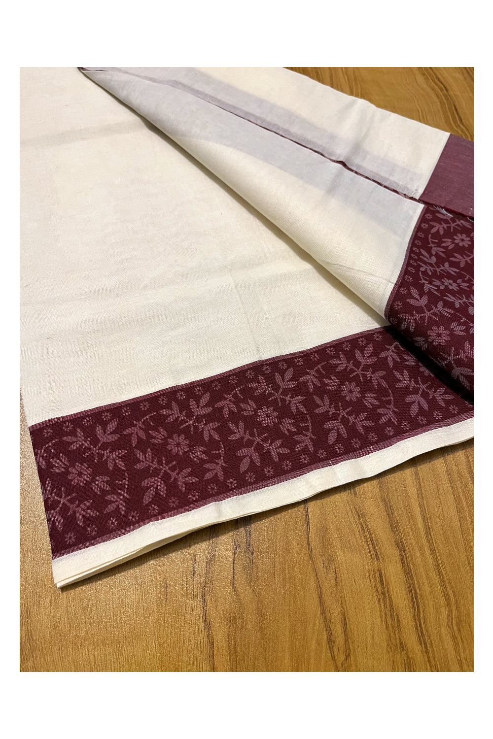 Kerala Cotton Single Set Mundu (Mundum Neriyathum) with Brown Block print Border 2.80Mtrs