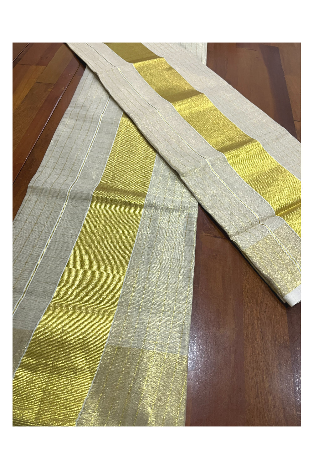 Kerala Tissue Kasavu Single Check Design Set Mundu (Mundum Neriyathum) with 3 inch Kasavu Border