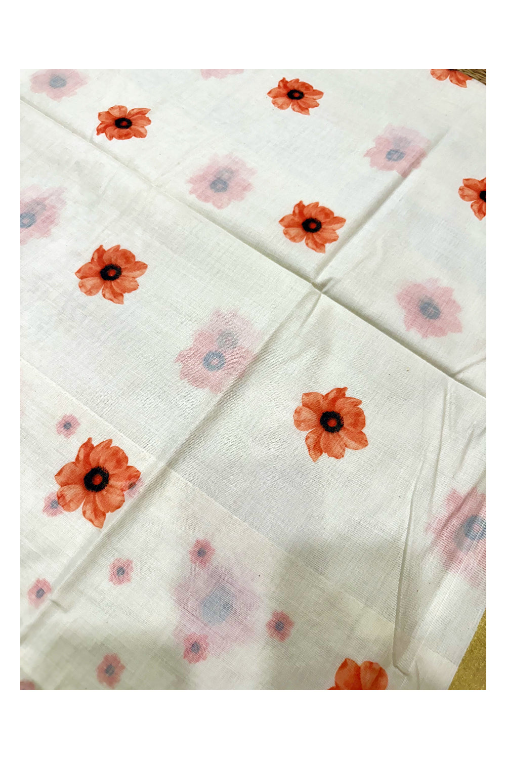 Southloom Exclusive Onam Kasavu Saree with Small Peach Floral High Quality Digital Print Across Body (Matching Printed Blouse Included)