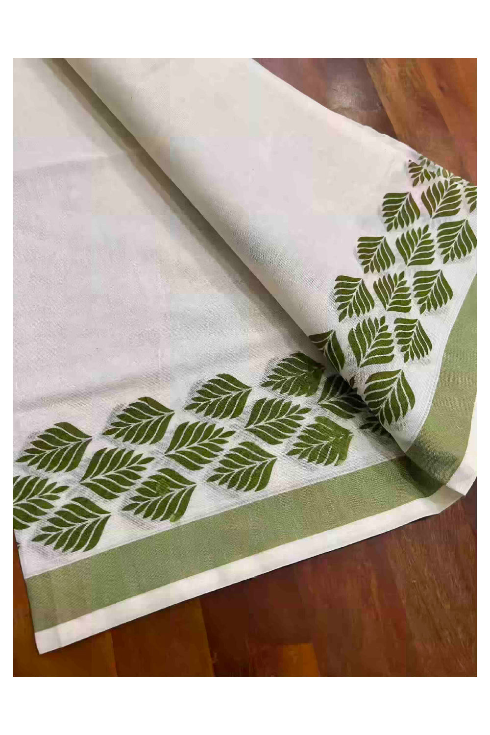 Kerala Cotton Single Set Mundu (Mundum Neriyathum) with Leaf Block Prints on Light Green and Black Border