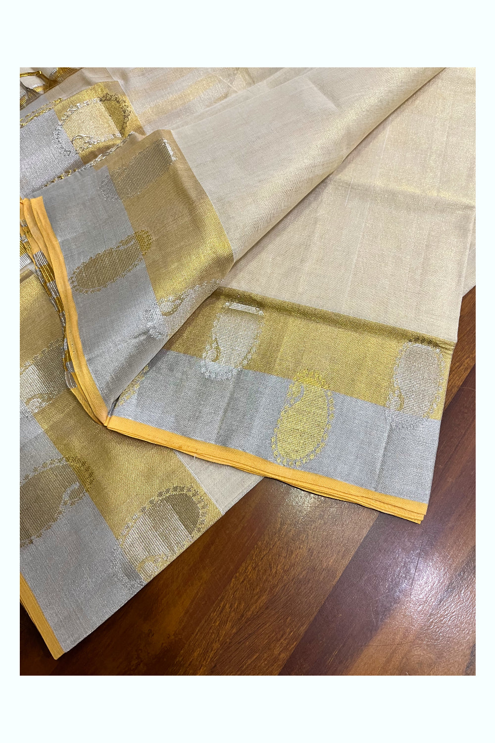 Southloom Handloom Premium Tissue Golden and Silver Kasavu Set Mundu With Paisley Woven Design Border(Mundum Neriyathum) - 2.70Mtrs (Vishu 2024 Collection)