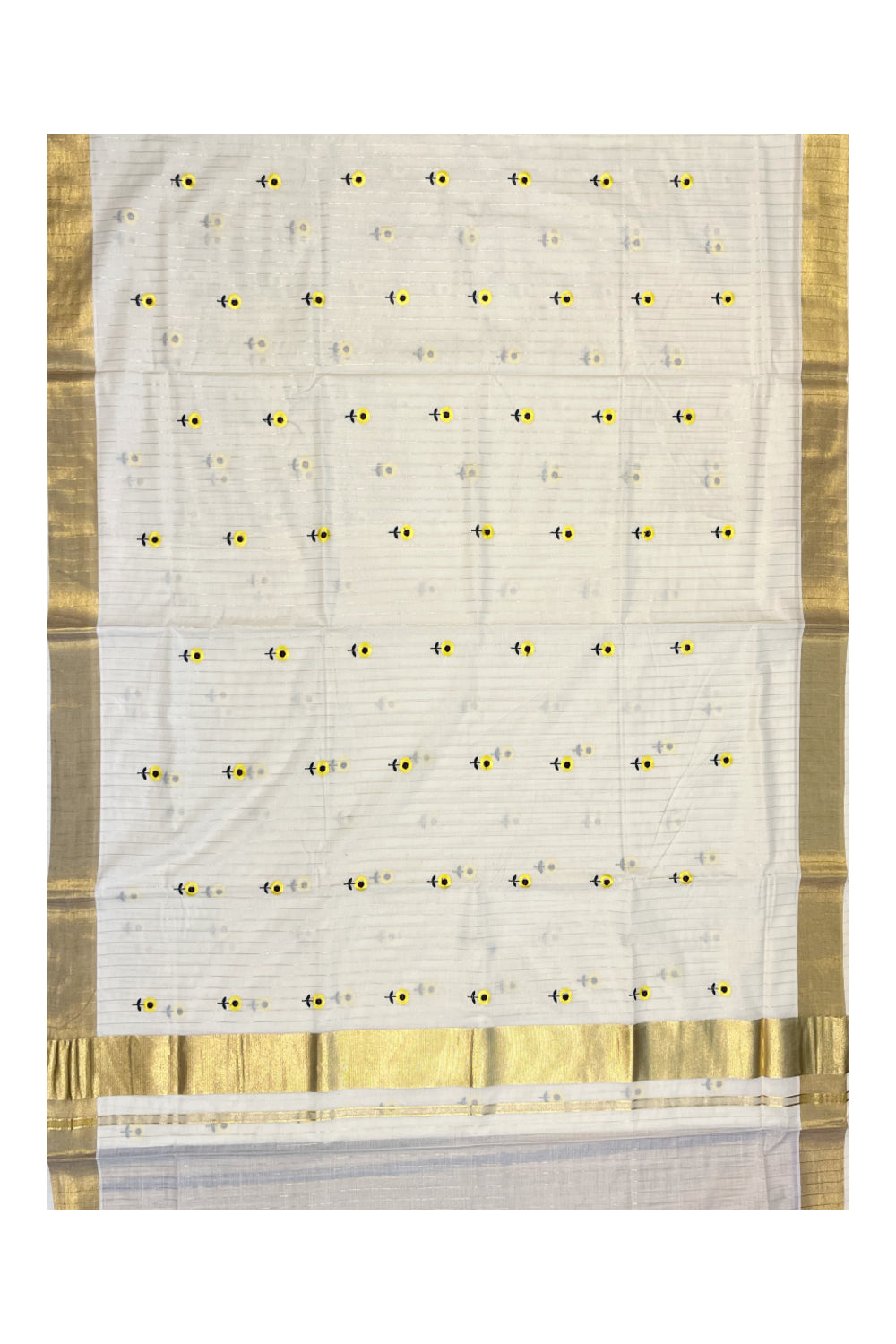 Kerala Cotton Kasavu Lines Saree with Yellow Floral Embroidery Works On Body