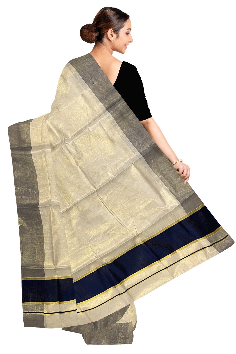 Kerala Kasavu Tissue Plain Saree with Navy Blue and Kasavu Border (Onam Saree 2023)